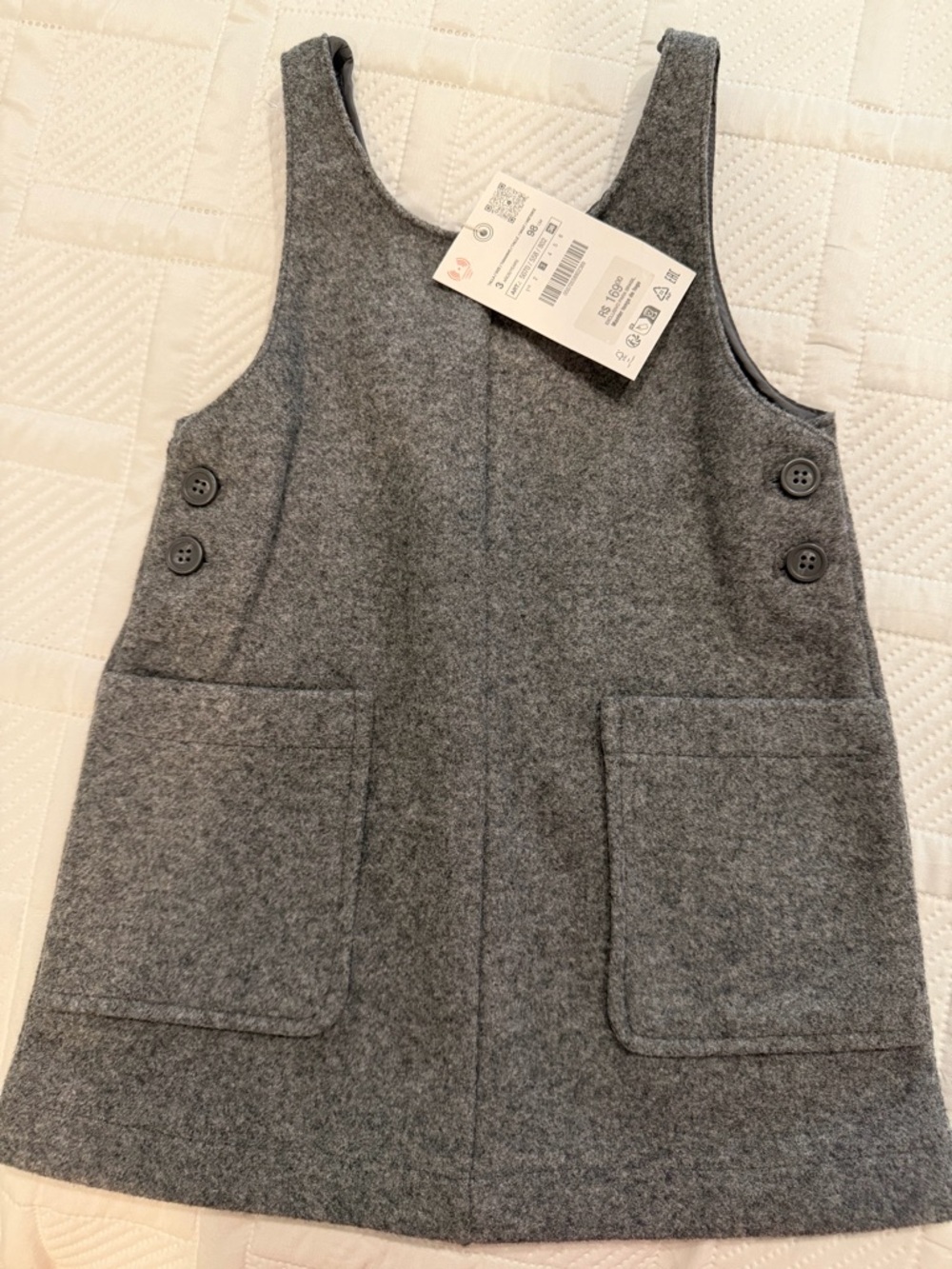 ZARA Kids Gray Wool Pinafore Dress with Front Pockets